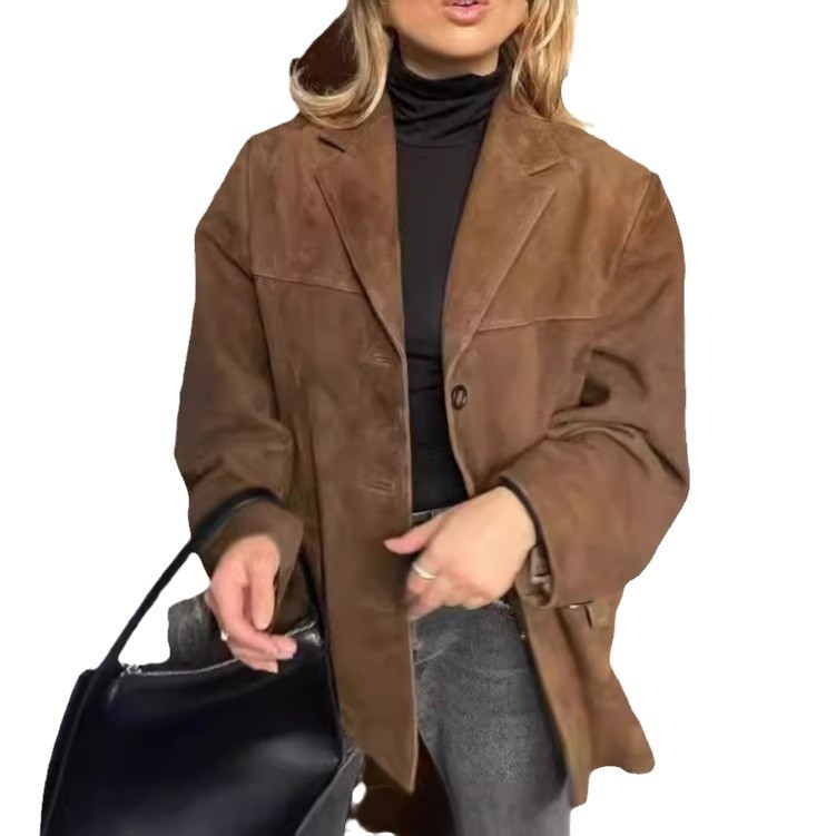 Damenbekleidung Auf Lager Brauner, gefrosteter Samt-Revers-Lockermantel Herbst und Winter Maillard-Wildlederanzug_voghion.com