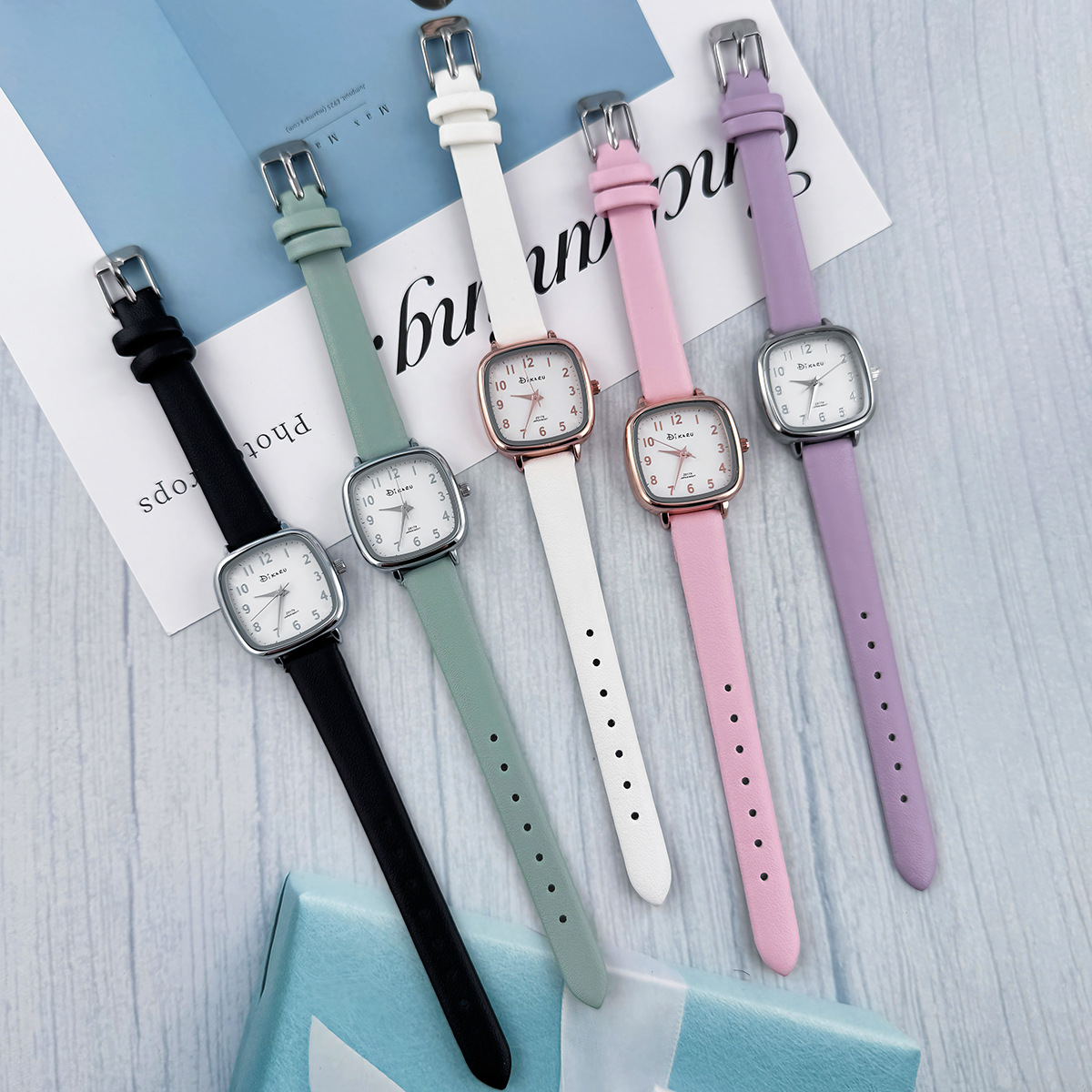 Korean Style College Wind Leather Strap Watch Women's Small Square Candy Exam High School Middle School Student Versatile High-Value Quartz Watch