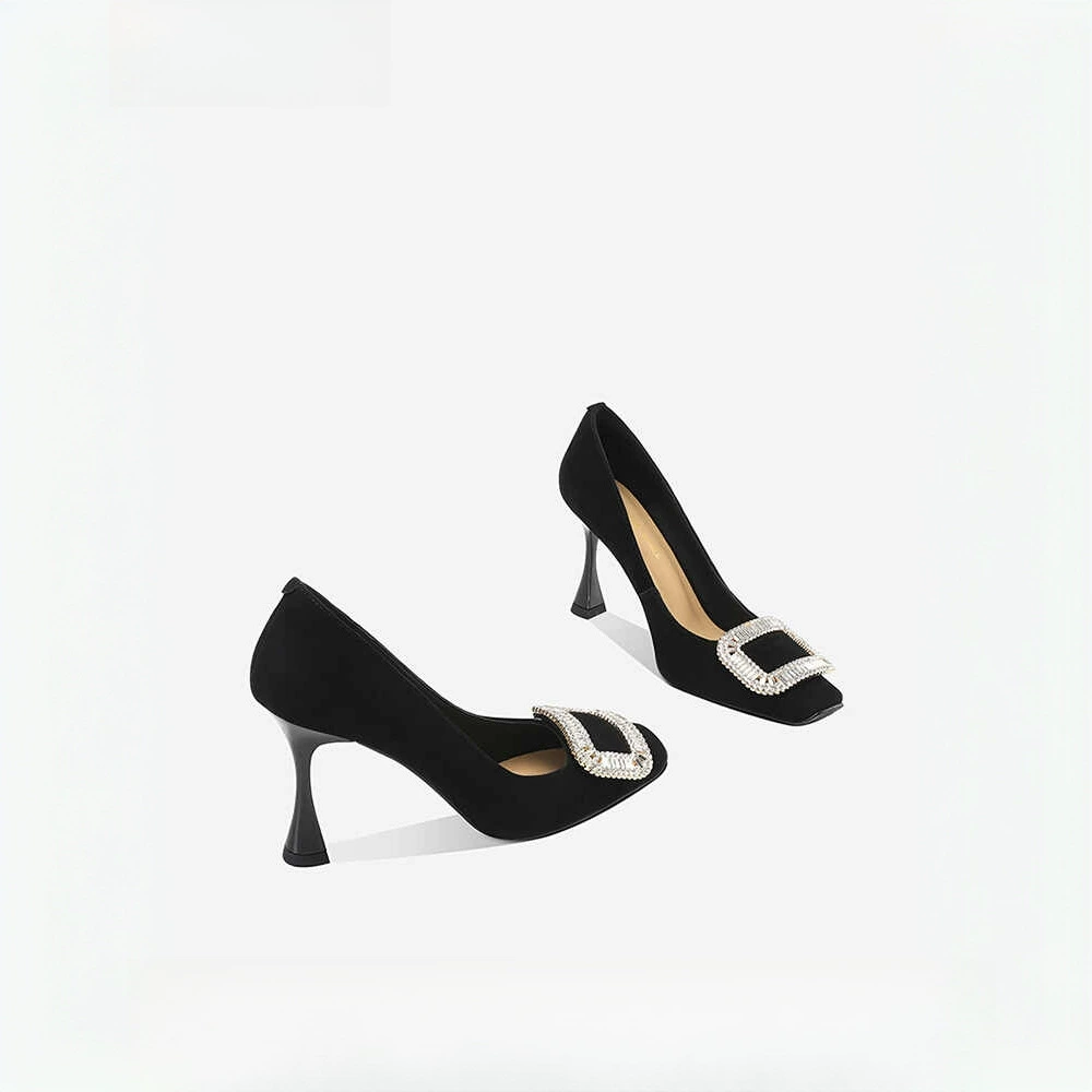 В наличии: Туфли на шпильке с квадратной пряжкой и стразами, женские, весна 2025, новая модель, с неглубоким квадратным носком, черные, во французском стиле