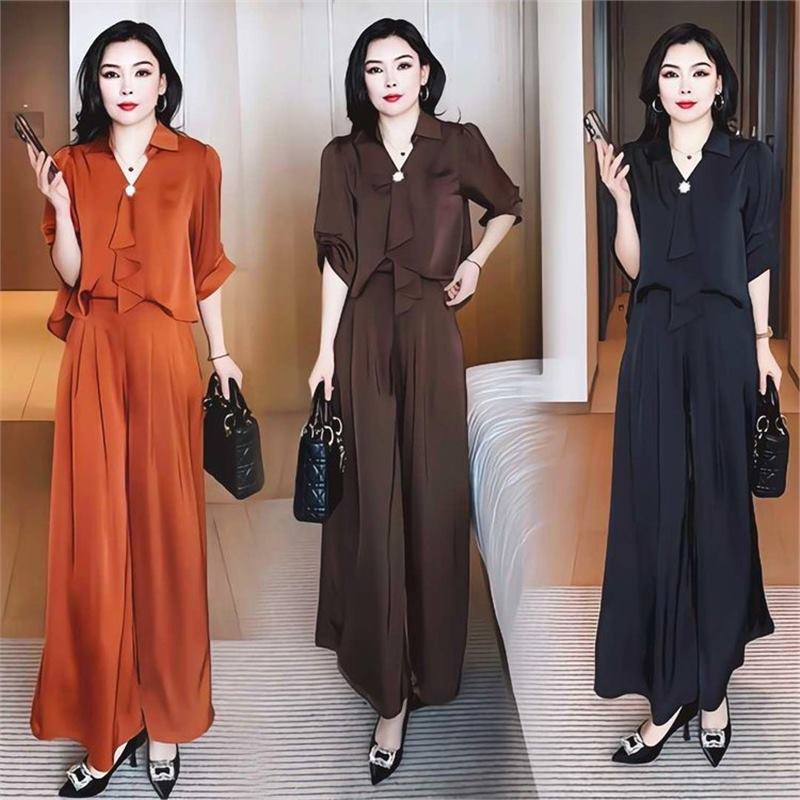 Dropshipping Hot Item 2026 Summer New Fashion Stylish Slim-Fit Half-Sleeve Shirt and Wide-Leg Pants Two-Piece Set for Women