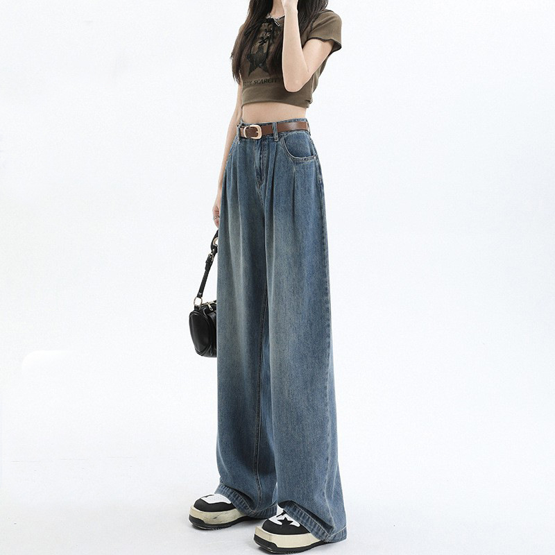 Spring New Style Loose Pleated Wide-Leg Jeans for Women with Pear-Shaped Body, Slimming Floor-Length Pants, High-Waisted Straight-Leg Pants, Versatile