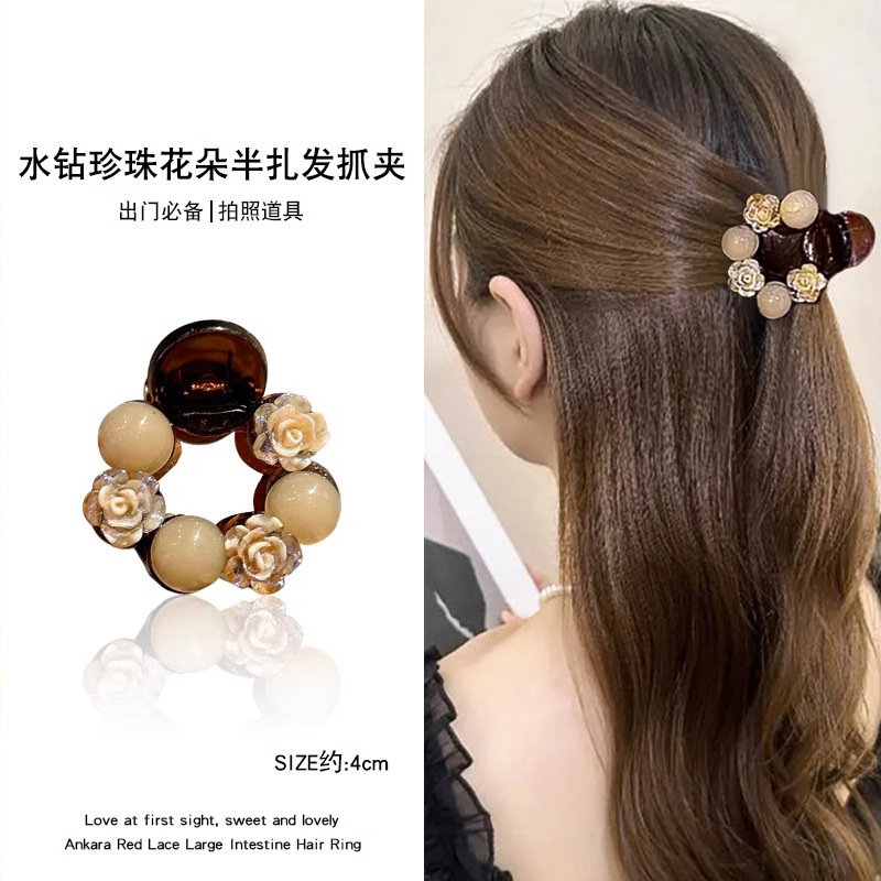 2025 Japón y Corea del Sur de alta calidad rosa con diamantes de medio cabello pequeño clip de agarre de cabello de cola de caballo alto clip de cabello de mar adornamiento para mujeres