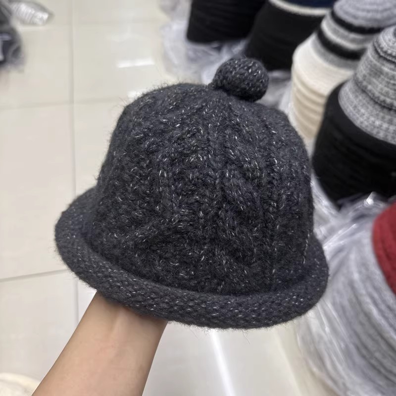 可爱减龄小毛球纯色麻花针织毛线帽子女秋冬保暖卷边针织帽地主帽|undefined