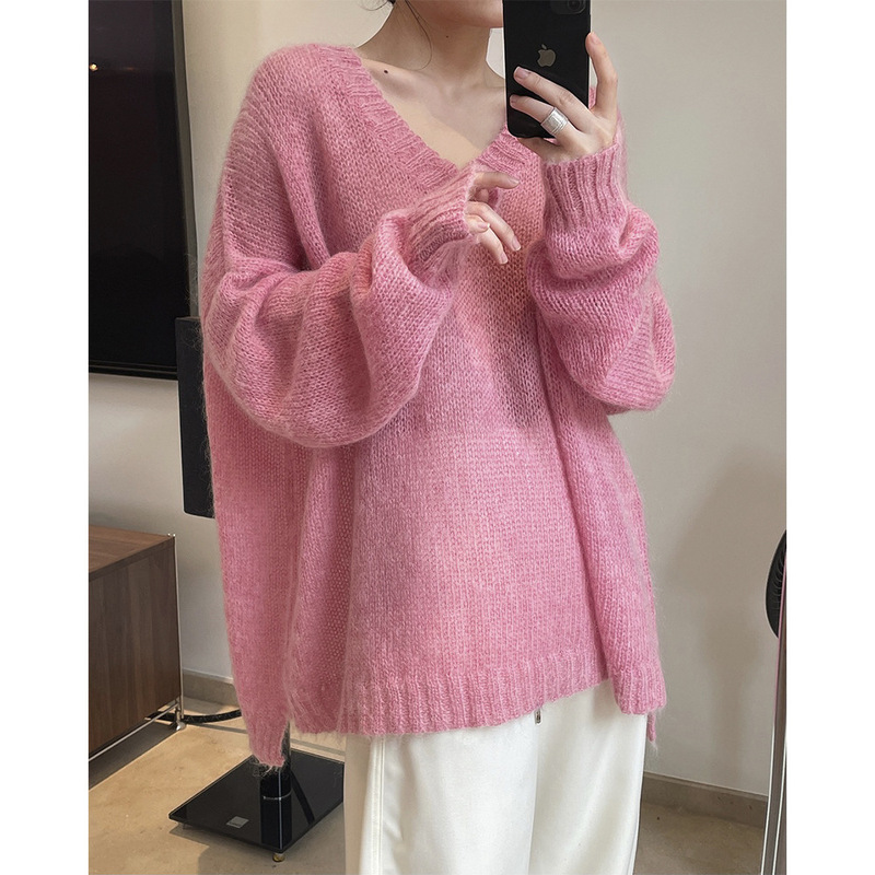 Spring New Korean Style Lazy Style Gentle V-Neck Mahair Sweater Loose Slimming Lightweight Fluffy Sweater for Women