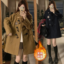 JK学院风宽松显瘦加厚连帽牛角扣呢子大衣女 秋冬装学生毛呢外套