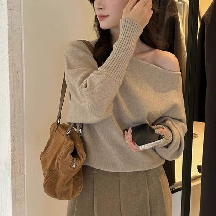温柔风斜肩一字领灯笼袖针织衫女装2025韩系穿搭宽松别致小衫上衣|undefined