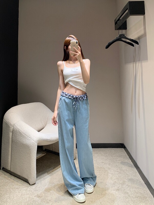 miu スプライスレースジーンズ、夏用通気性ワイドレッグパンツ、ファッショナブルでカジュアル、多用途、快適なストレートパンツ|undefined