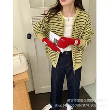 琪镌绘制韩系慵懒风连帽条纹毛衣外套女秋冬款百搭拉链针织衫6628
