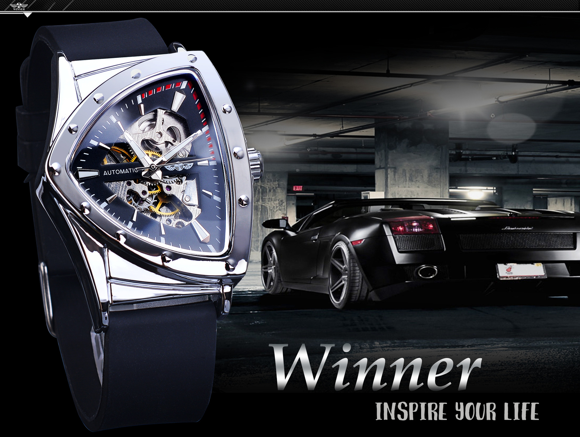 Winner Hollow automatisch mechanisch herenhorloge, siliconen band, polshorloge met zwarte wijzerplaat_voghion.com