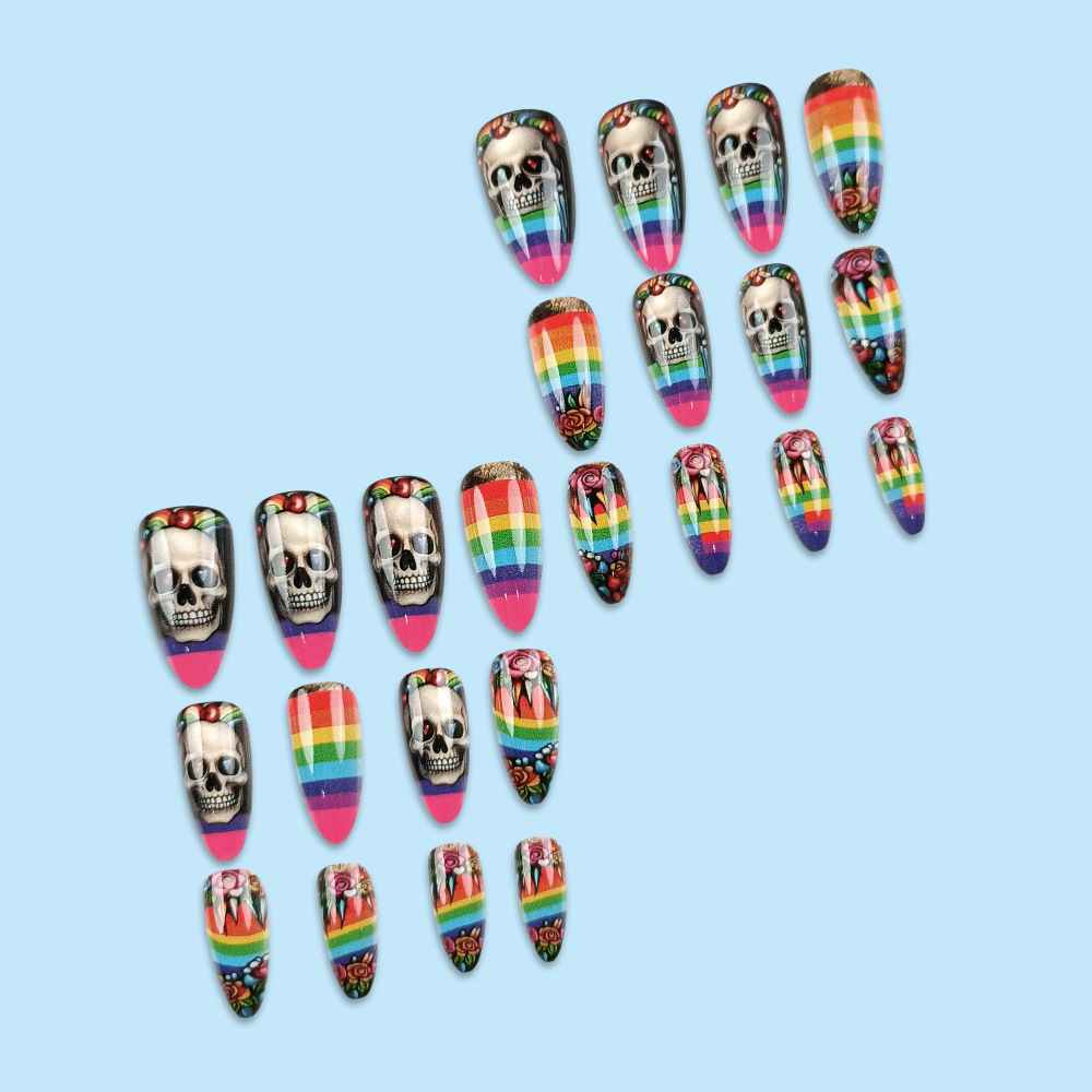Nueva armadura de vestir de Halloween, rayas de arco iris, flores, calavera, uñas, 24 piezas, pegatinas de uñas de comercio exterior