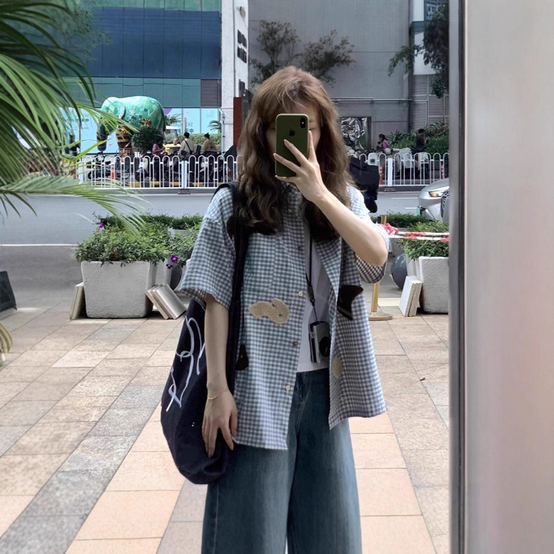 Japanese-Style College Plaid Short-Sleeve Shirt for Women, New Summer Design with Unique Towel Sleeves and a Turn-Down Collar Blouse