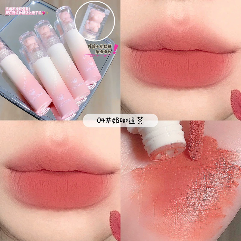 Matte lip gloss, lipstick, with little bears, translucent shading, long-term effect