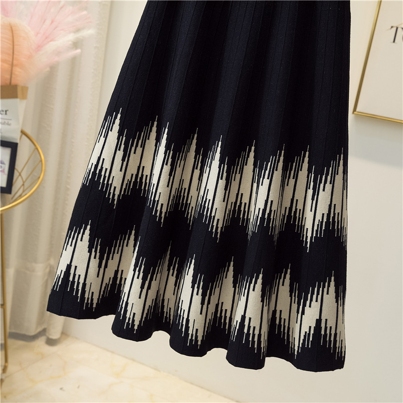 早秋设计感拼色针织裙 中长款简约毛线半身裙慵懒风高腰显瘦A字裙