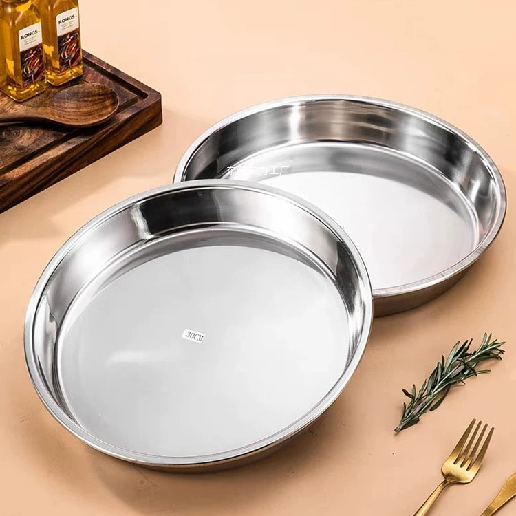 Круглый поднос для домашнего использования, блюдо из нержавеющей стали 304, большой поднос для приготовления на пару с плоским дном из нержавеющей стали 316, неглубокая тарелка-поднос.