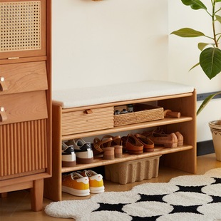 Nordic solid wood shoe-changing stool for home entrance with soft seat cushion and shoe cabinet integrated stool cherry wood bench