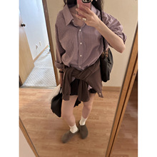 现  2025秋季新款韩国设计师ribb*nbit慵懒风撞色格纹开襟衬衫