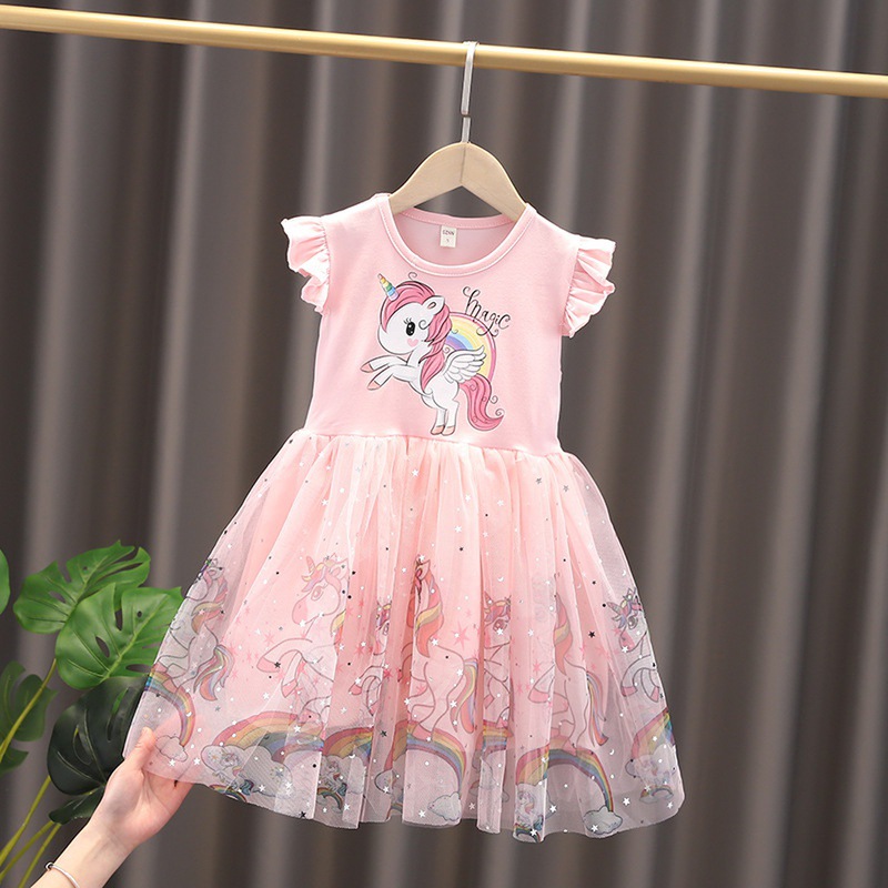 Vestido de unicornio estilo 2026 para niñas pequeñas y medianas, vestido de princesa de gasa esponjosa, vestido de algodón de manga corta a la moda para bebés