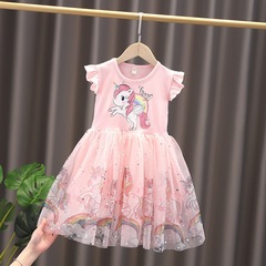 2024 new style girls small and medium children unicorn dress fluffy yarn princess dress cotton short sleeve baby trendy
