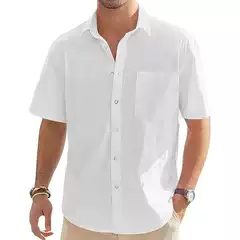 Men's Linen Shirt Short Sleeve Summer Casual Trendy Retro Thin Cotton-Linen Top