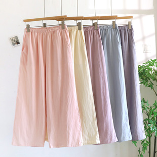 Artistic Solid Color Pure Cotton Gauze Women's Nine-Point Pajama Pants, Summer Thin Fresh Straight Loose Pocket Home Pants Suitable for Outdoor Wear