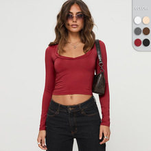 秋冬季欧美外贸热销Y2K女装 长袖纯色修身柔软基础款套头内搭上衣