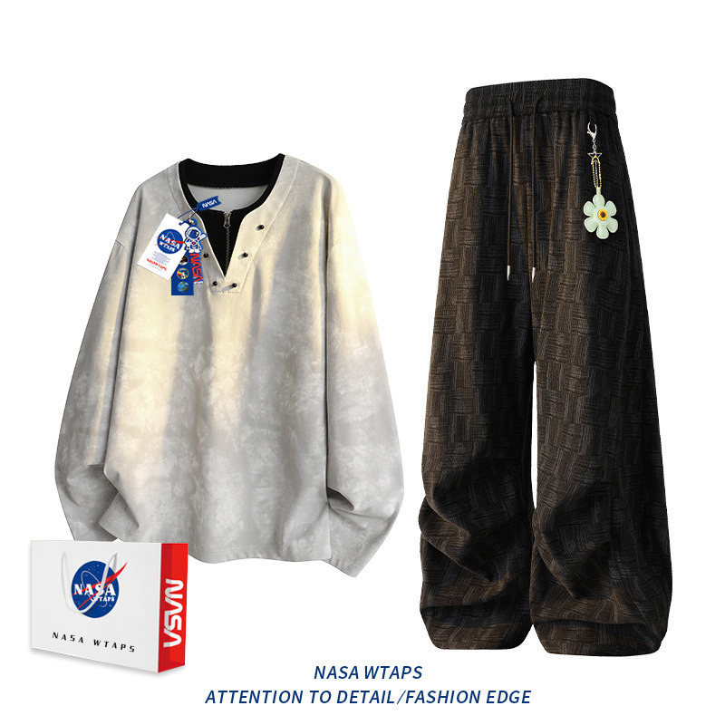 NASA ABOUT美式假两件半拉链卫衣男款春秋季新款宽松休闲运动套装|undefined