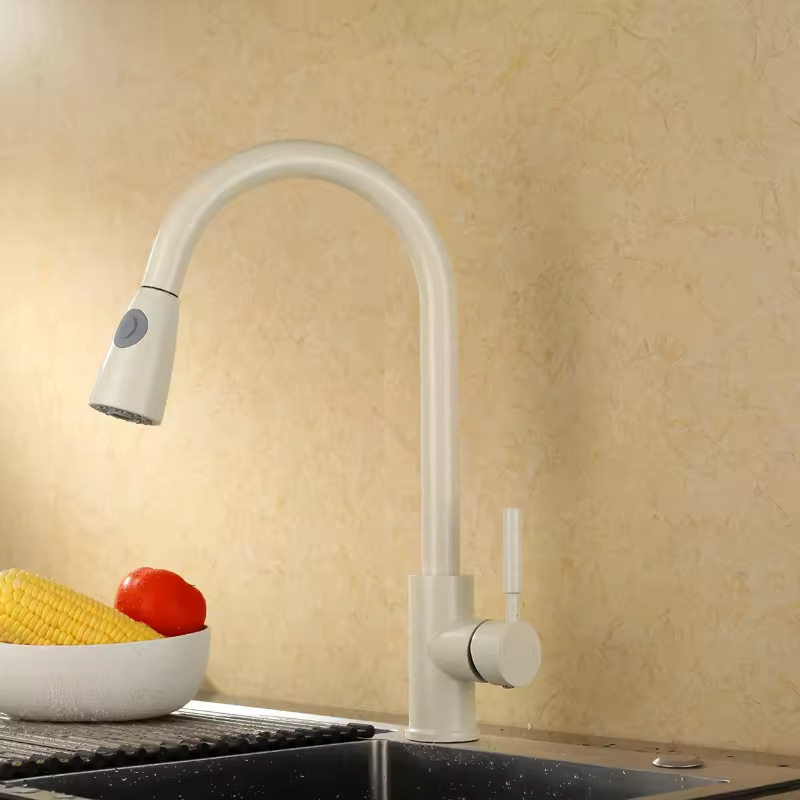 Bangladesh Exports Brazilian Cross-Border Kitchen Pull-Out Faucet Factory Beige Single-Handle Retractable Sprayer
