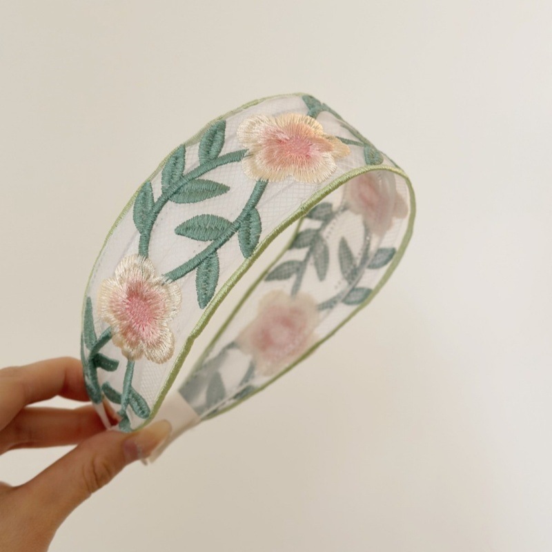 3 # Embroidered pink rose blue headband