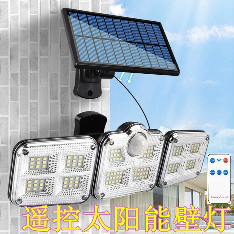 Трансграничный новый пульт дистанционного управления солнечной настенной светильники открытый водонепроницаемый двор осветительные лампы дома тела индукция три головки настенные светильники