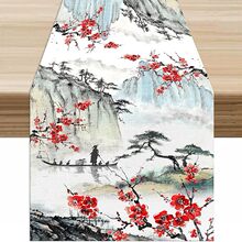 跨境桌旗国风水墨山水画餐桌餐厅派对农舍咖啡桌装饰亚马逊批发