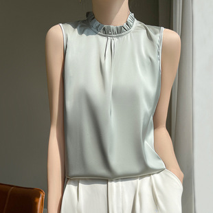 2025 Silk Satin Summer New Women's Sleeveless T-shirt with Vertical Collar Slim-fit Elegant Solid Color All-match Base Top