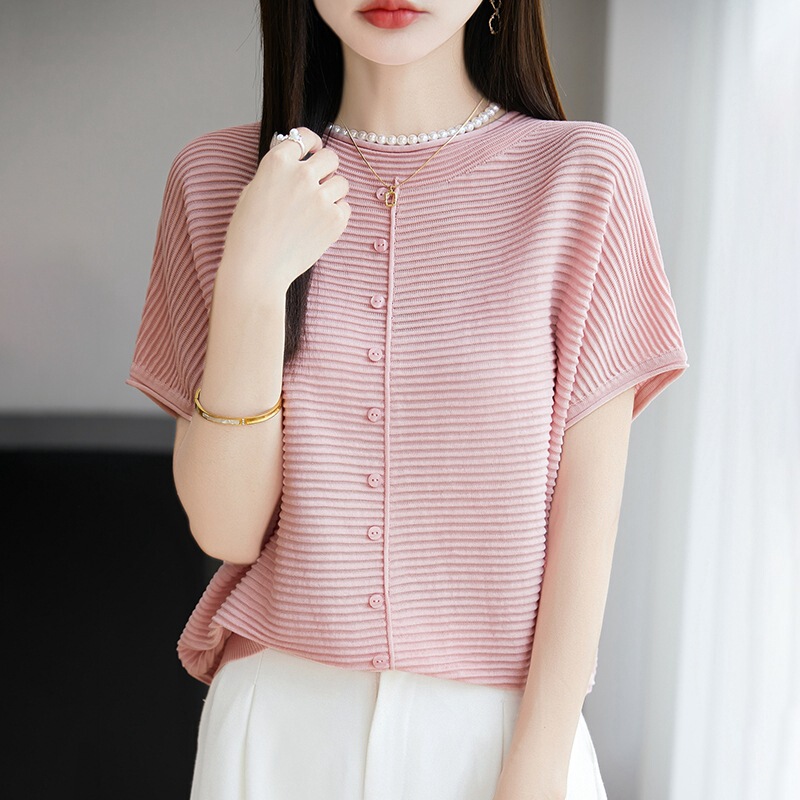 Temperament Short-Sleeved Women's T-Shirt, Lightweight, Breathable, Soft Stripesd Knitwear, Flying Sleeves, Lyocell Tencel Round Neck Top