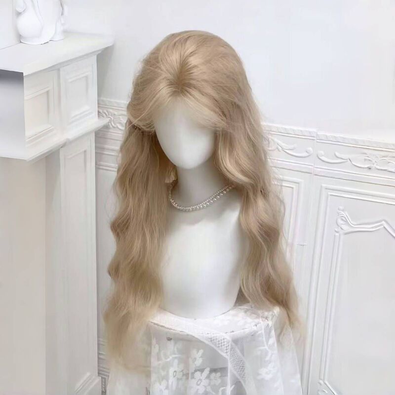 [diffuse feeling Barbie] wig women's cream rice gold forehead lace fashion temperament egg roll with full head cover