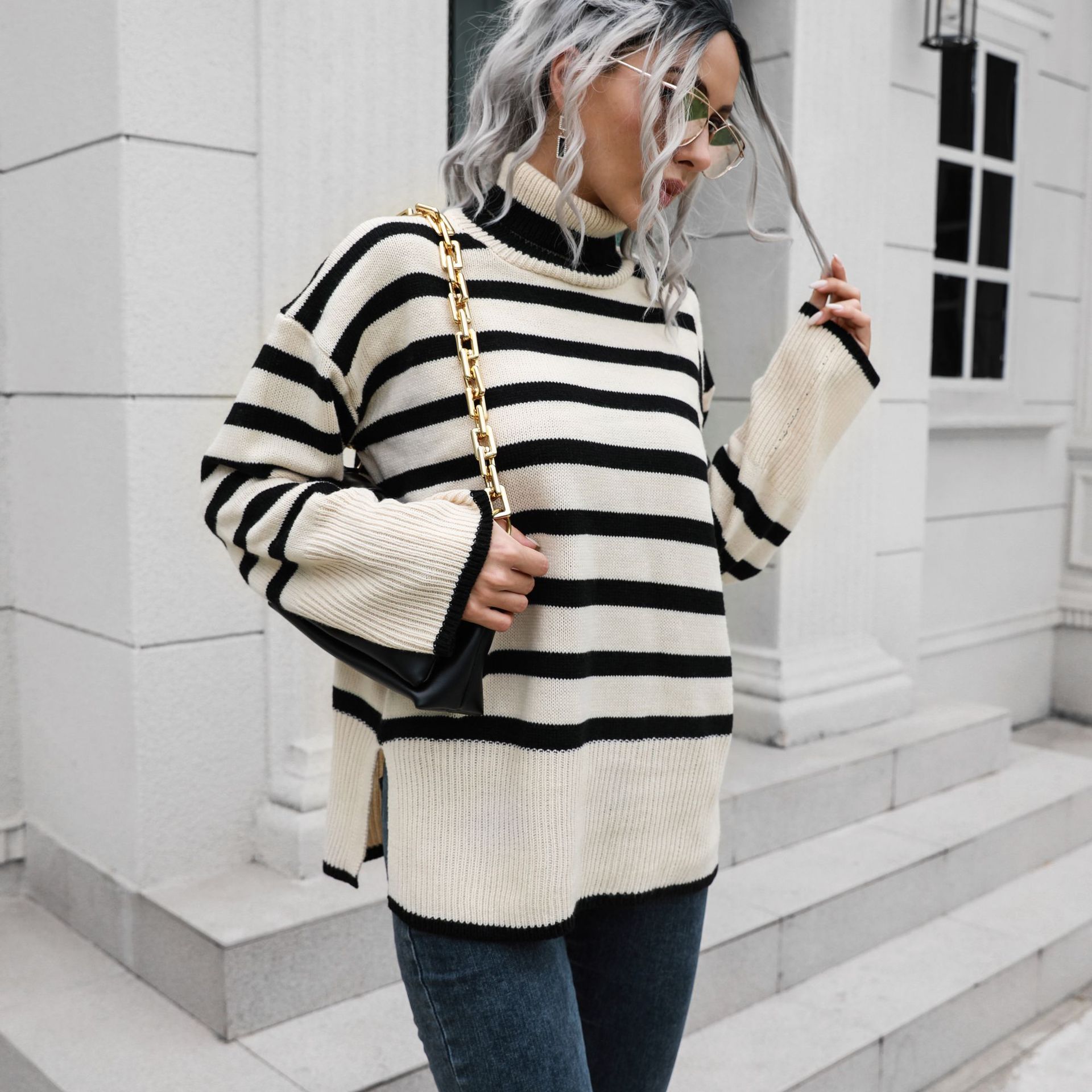 Popular Striped Bottom Slit High Collar Mid Length Women Loose Fall Winter Sweater 7 Popular Striped Bottom Slit High Collar Mid Length Women Loose Fall Winter Sweater