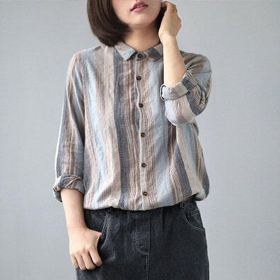2021春新文藝韓版休閑肌理質感豎條紋棉麻襯衫女翻領長袖寬松顯瘦