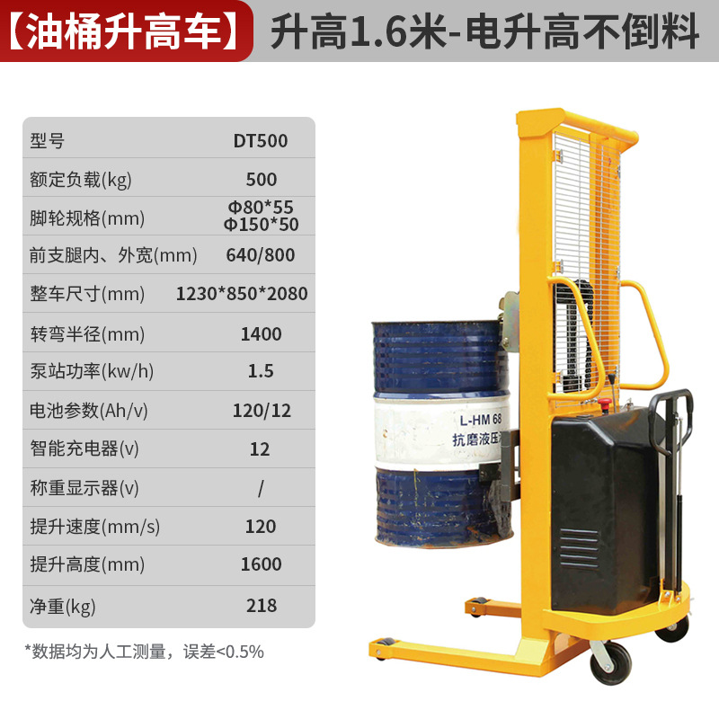 Carrileta elevadora de barril eléctrico de aceite elevación camión de descarga hidráulico de barril de barril de hierro camión de transporte de barril de plástico pesado