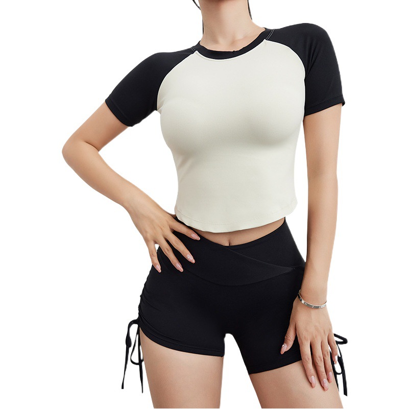 Yoga ropa de manga corta de las mujeres apretado color matching deportes superior manga corta correr adelgazamiento color sólido chaleco nueva ropa de entrenamiento