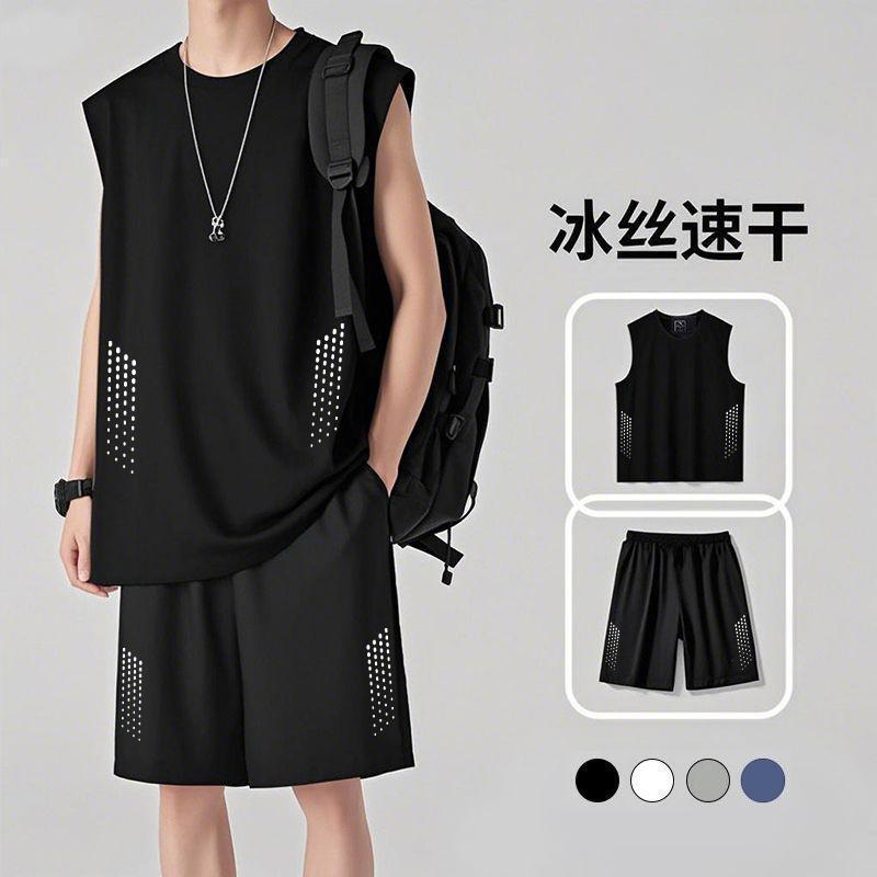 Quick-Drying Vest Suit Men's 2025 Summer Ice Silk Running Sportswear Sleeveless T-Shirt Shorts Casual Two-Piece
