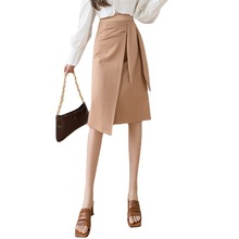 韩版不规则半身裙女 2023秋设计感小众高腰绑带纯色中长款裙子