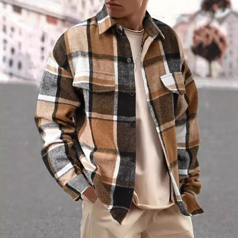 Cross-Border Amazon Men's Popular Street Brushed Plaid Loose Casual Shirt Jacket Men's Flannel Shirt Men