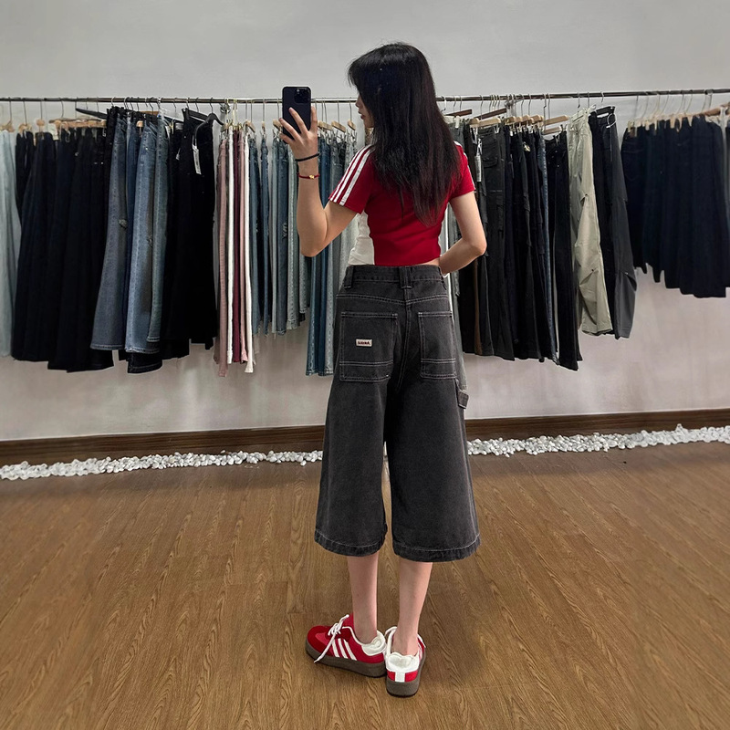 Plus Size American Washed Gray Denim Cropped Wide-Leg Pants for Women, Summer Slimming Versatile Personality Wide-Leg Denim Mid-Length Pants