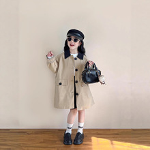 女童秋欧美风时髦翻领单排扣中长款工装风衣格子翻袖宽松卡其外套