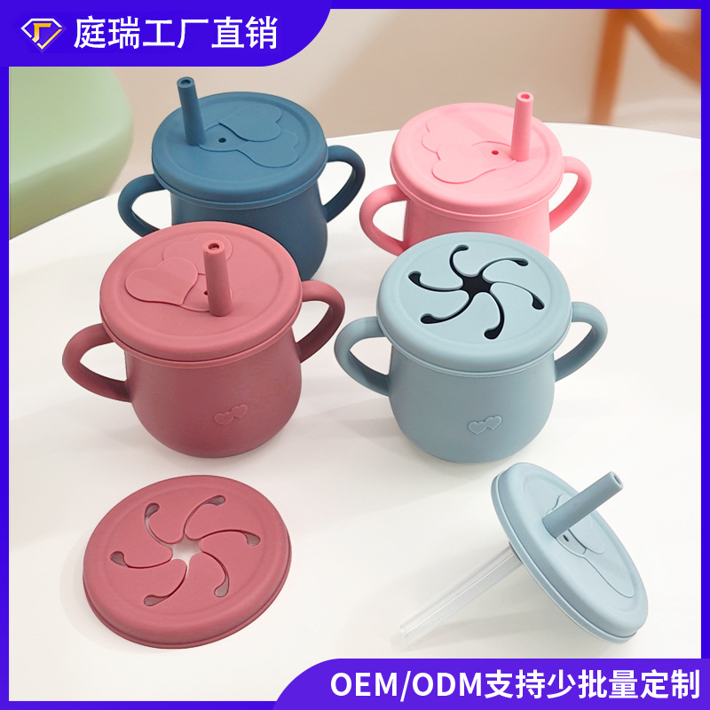 Taza de agua de silicona para niños, taza de agua de paja a prueba de fugas, taza de bocadillos de silicona para bebés, taza de agua para bebés