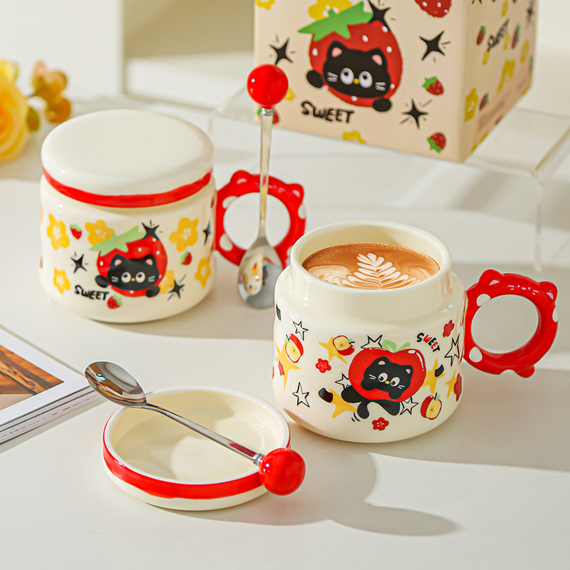 Regalo de cumpleaños Taza de dibujos animados para novias Taza de cerámica con tapa Regalo de mano Taza de agua para gatos lindos