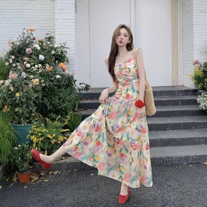 Dopamine Floral Dress for Seaside Vacation, Unique and Chic Design, Stunningly Beautiful, Super Fairy-Like French-Style Long Dress with Straps Dopamine Floral Dress for Seaside Vacation, Unique and Chic Design, Stunningly Beautiful, Super Fairy-Like French-Style Long Dress with Straps