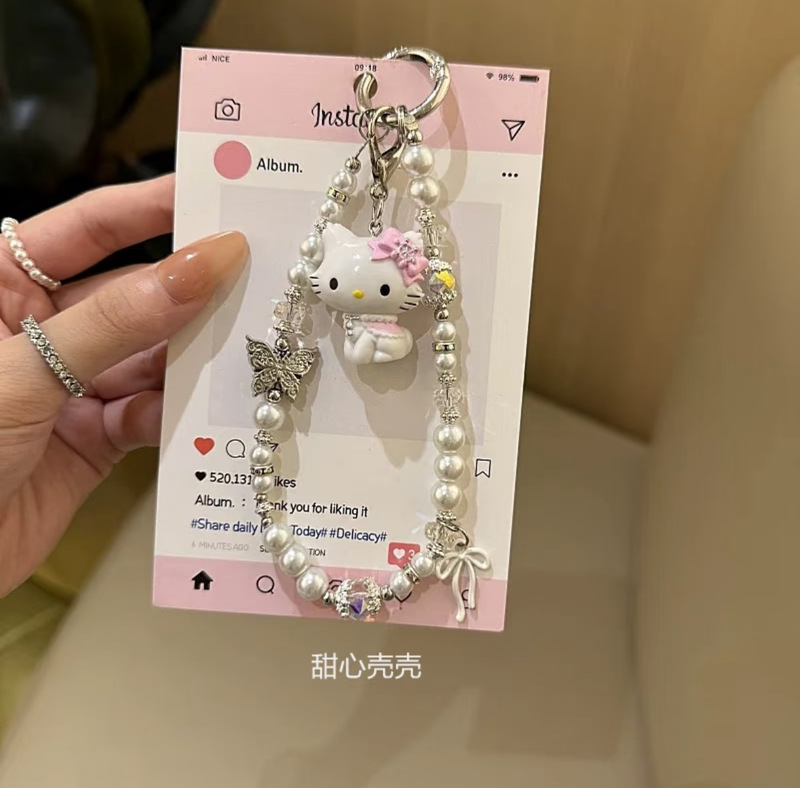 ins风粉色蝴蝶kt猫公仔手机链少女可爱挂链新款链条手工串珠包挂|undefined