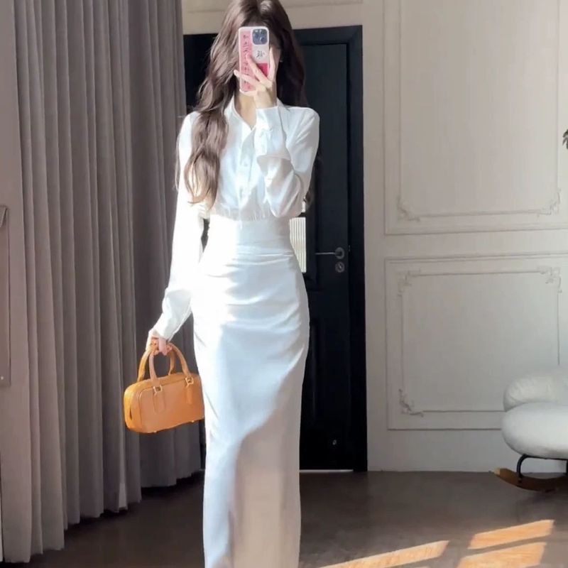 法式感缎面蚂蚁腰长袖翻领衬衫高腰修身半身裙显瘦长裙套装女|undefined