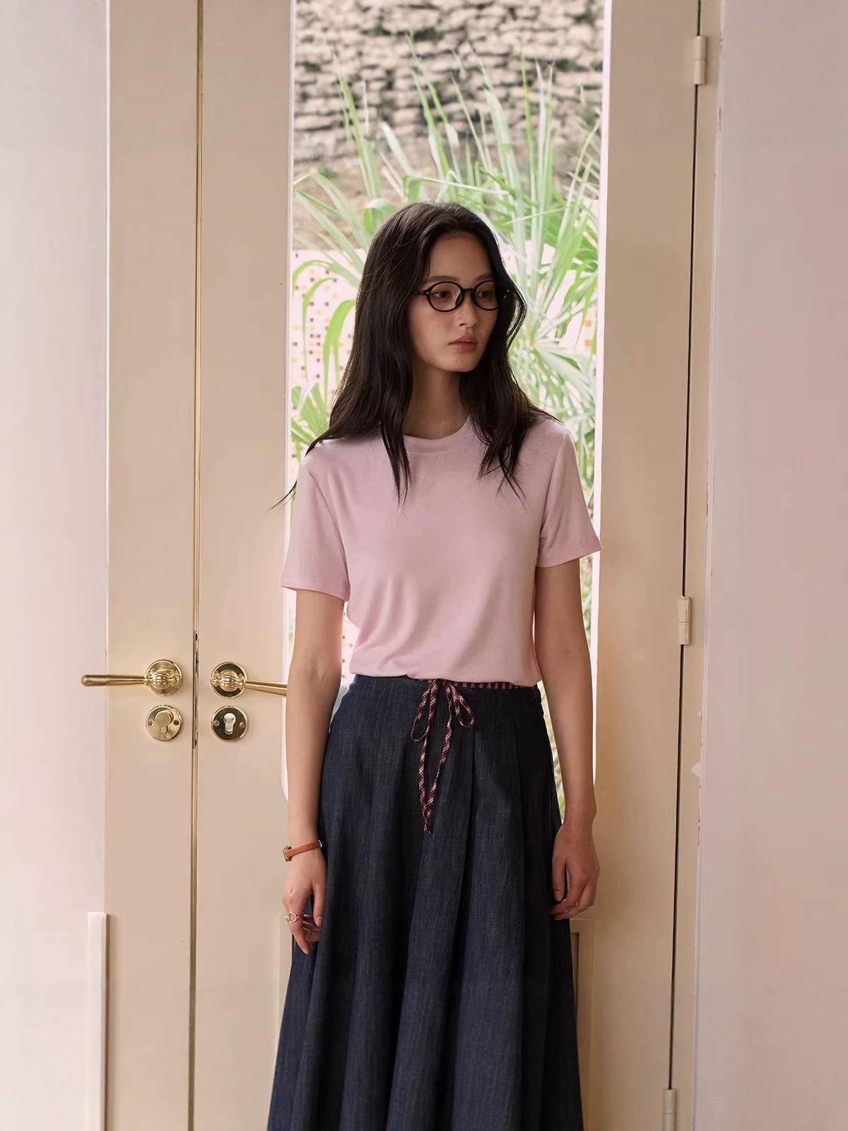 梵朵天丝莫代尔桑蚕丝短袖女夏季圆领羊毛外穿T恤修身显瘦百搭