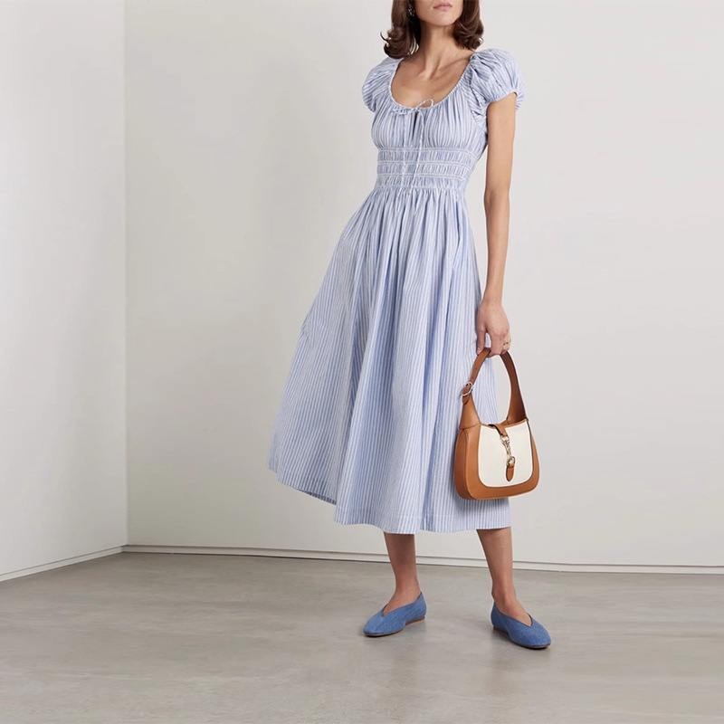 Spot 710 New Style 2025 Blue Stripesd Square Collar Pure Cotton Holiday Waist Mid-Length Dress French Women Spot 710 New Style 2025 Blue Stripesd Square Collar Pure Cotton Holiday Waist Mid-Length Dress French Women