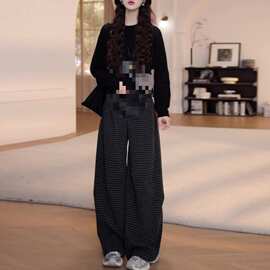 韩系百搭潮流撞色格子裤女2025年新款时尚秋冬季百搭高休闲阔腿裤